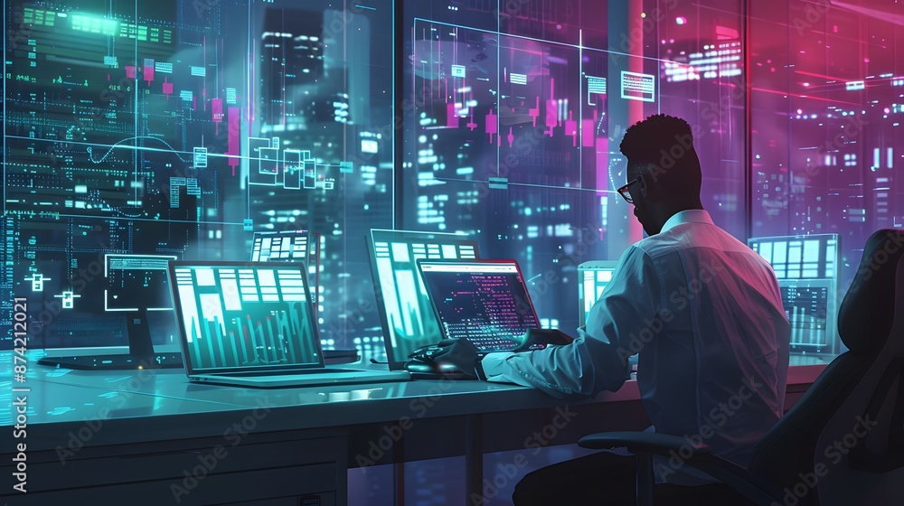 A financial expert working on a laptop, analyzing cash flow statements with holographic cash flow diagrams floating around, in a futuristic office setting A financial expert working on a laptop, analyzing cash flow statements with holographic cash flow diagrams floating around, in a futuristic office setting
