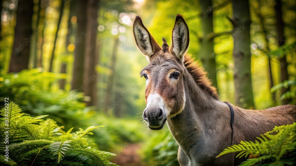 Tranquil donkey in forest setting with alert ears, peaceful, calm, donkey, animal, forest, nature, tranquil, serene, quiet Tranquil donkey in forest setting with alert ears, peaceful, calm, donkey, animal, forest, nature, tranquil, serene, quiet