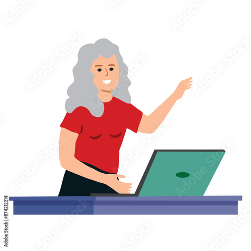 Un mujer frente a un ordenador con la mano levantada señalando. Vector