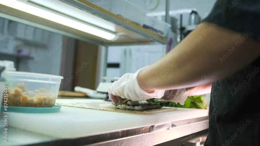 Chef cooking making Japanese sushi roll, puts salmon and cucumber on rice in kitchen restaurant. Asian food. Side view, close up.
Chef cooking making Japanese sushi roll, puts salmon and cucumber on rice in kitchen restaurant. Asian food. Side view, close up.