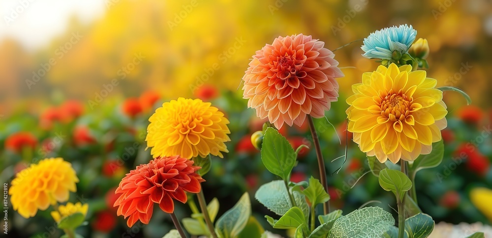 Some gradient chrysanthemum flowers in orange and quince with green leaves in a garden with a blurred background Some gradient chrysanthemum flowers in orange and quince with green leaves in a garden with a blurred background