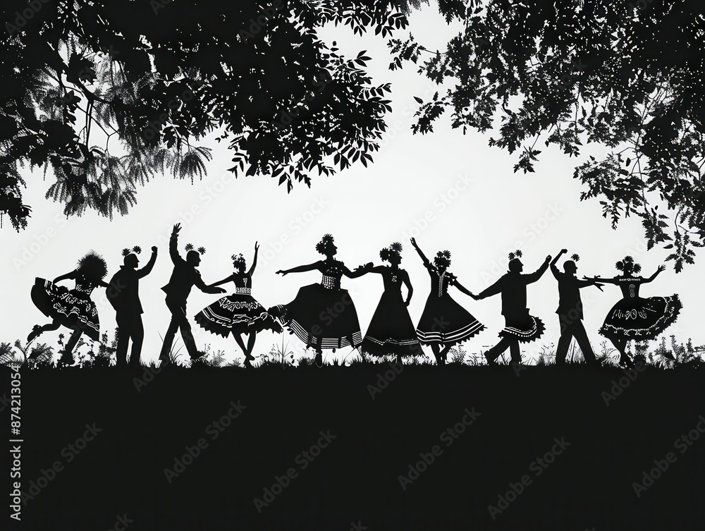 The image shows a group of people dancing happily in a field. The image shows a group of people dancing happily in a field.