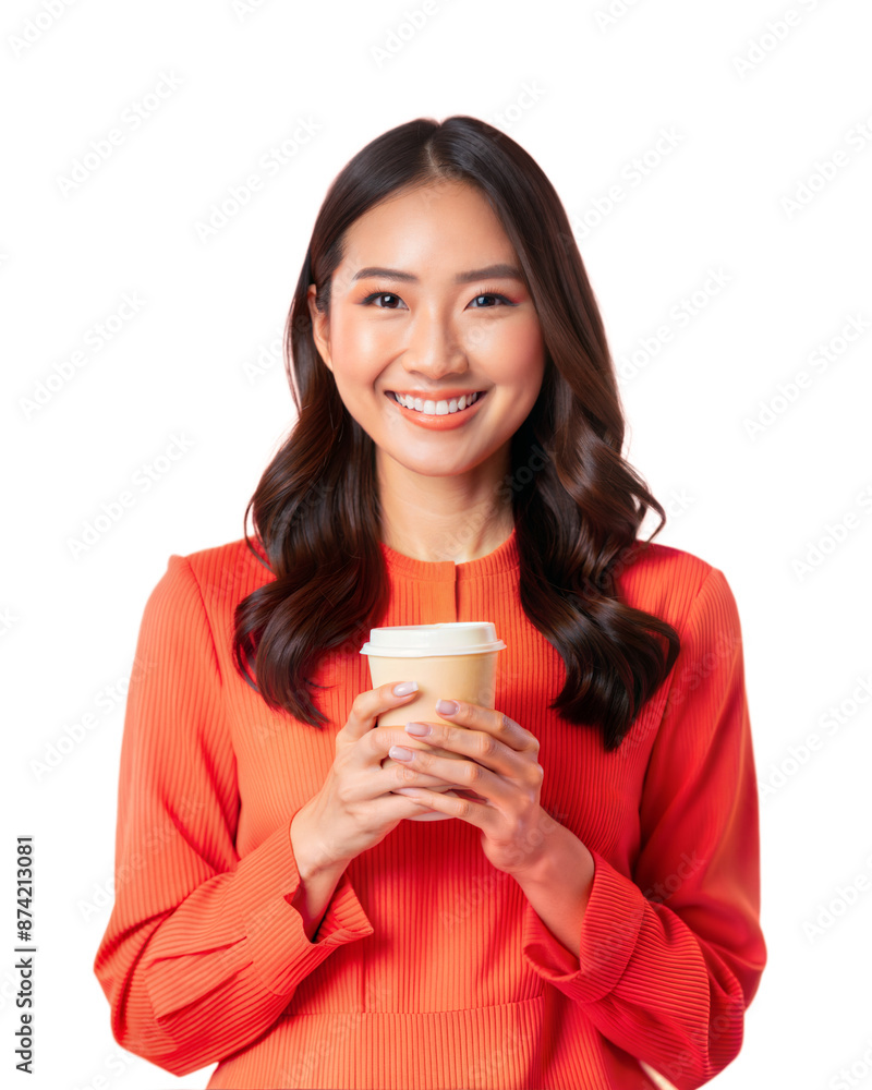 Smiling beautiful asian woman standing and holding coffee cup, PNG file transparent background. Smiling beautiful asian woman standing and holding coffee cup, PNG file transparent background.