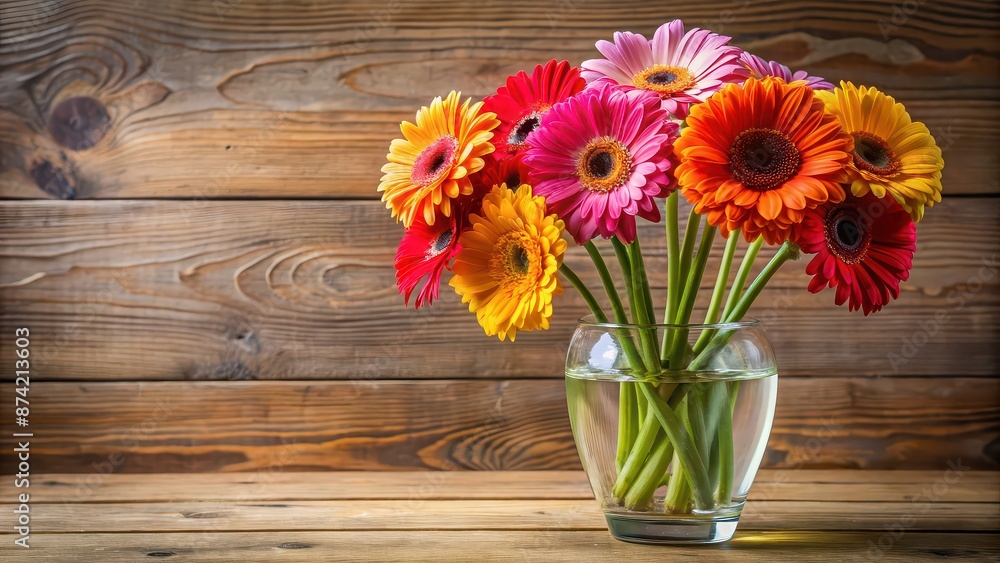 Vibrant gerbera daisies in a clear vase on a wooden table, blooms, flowers, colorful, arrangement, petals, nature, floral Vibrant gerbera daisies in a clear vase on a wooden table, blooms, flowers, colorful, arrangement, petals, nature, floral