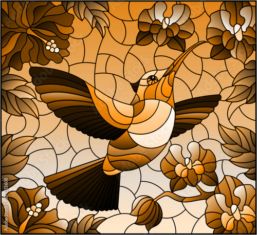 Illustration in stained glass style with a Hummingbird bird on the background of the sky and flowers of orchids and hibiscus, tone brown photo