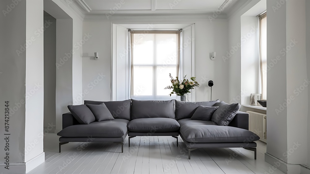 Fototapeta premium Grey sofa in white living room interior