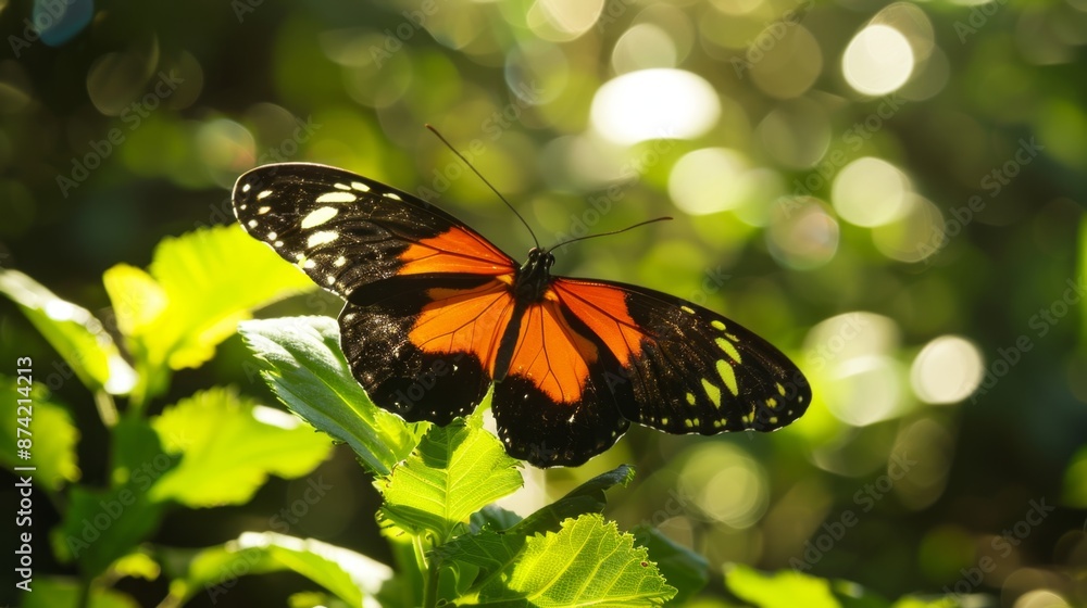 Butterfly on Green Leaves with Bokeh Background. Butterfly on Green Leaves with Bokeh Background.