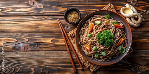 Yakissoba dish served on a rustic wooden table , Yakissoba, Japanese cuisine, noodles, stir fry, food, Asian food, plate photo