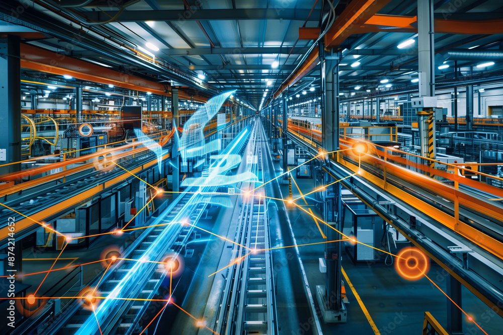 Industry 4.0 smart factory interior features advanced automation and robotics in a futuristic industrial environment Industry 4.0 smart factory interior features advanced automation and robotics in a futuristic industrial environment