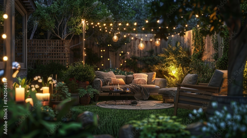 Obraz premium Summer Evening Retreat: A Cozy Backyard Patio Illuminated by String Lights and Lush Greenery