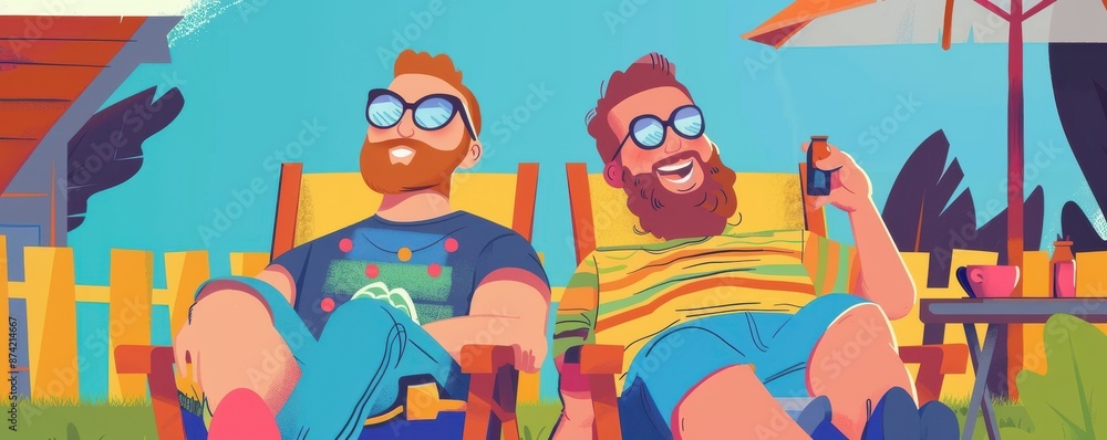 Obraz premium Two animated characters relaxing in backyard on a sunny day.