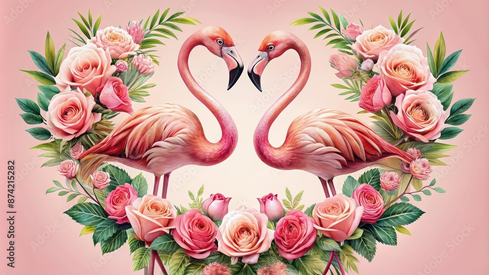 Obraz premium Two flamingos forming a heart shape surrounded by roses, love, romance, animals, nature, wildlife, tropical, birds, exotic
