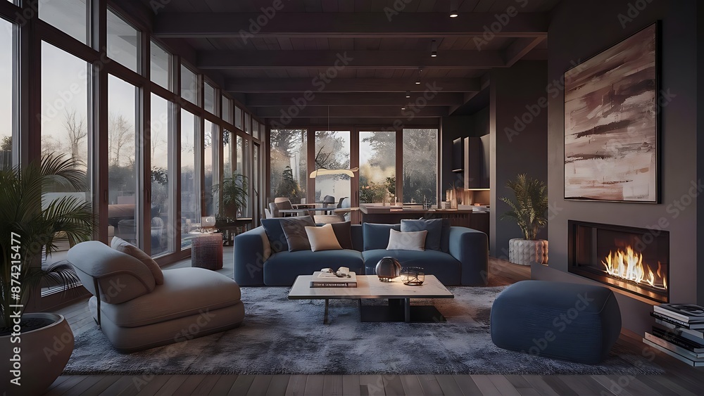 Fototapeta premium Living room wih many large windows and blue sofa.