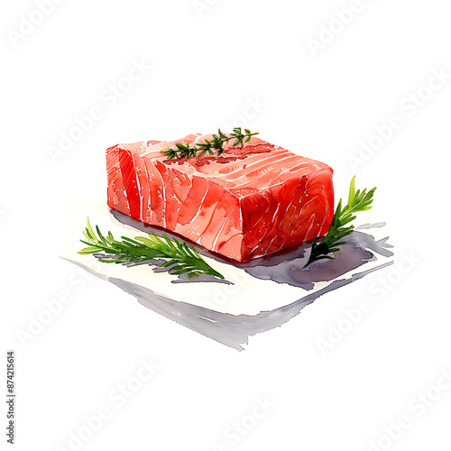 Watercolor illustration of fresh raw tuna on white background