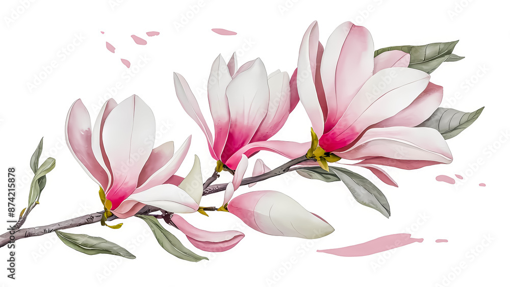 Naklejka premium Serene Minimalist Watercolor Illustration of Magnolia Blossoms on a White Background, Soft Pastel Tones