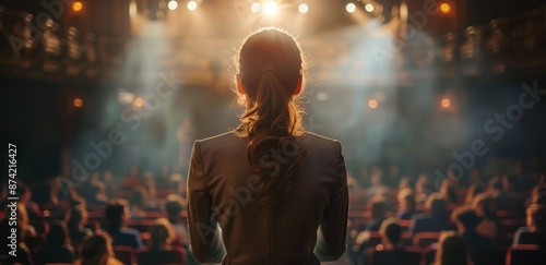 Woman Speaker Addresses Audience at Evening Conference
