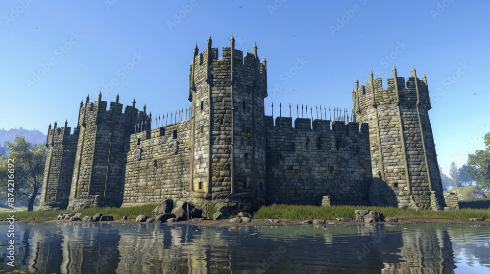 A medieval castle keep surrounded by a moat, its stone walls adorned with battlements and arrow slits, under a clear blue sky. A medieval castle keep surrounded by a moat, its stone walls adorned with battlements and arrow slits, under a clear blue sky.