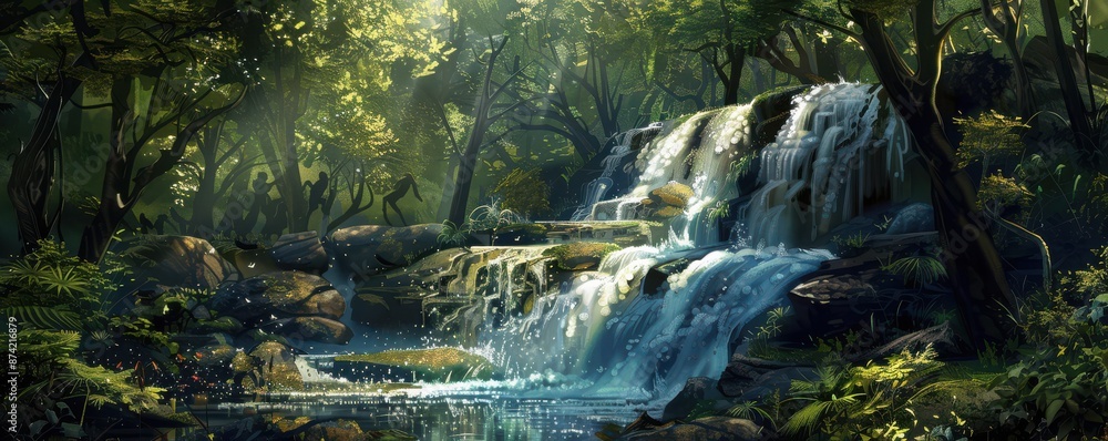 Fototapeta premium A waterfall is seen through a window in a lush green forest. Free copy space for text.