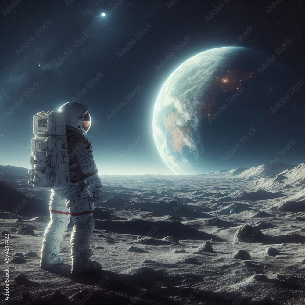 Astronaut standing on the moon looking towards the distant Earth Astronaut standing on the moon looking towards the distant Earth