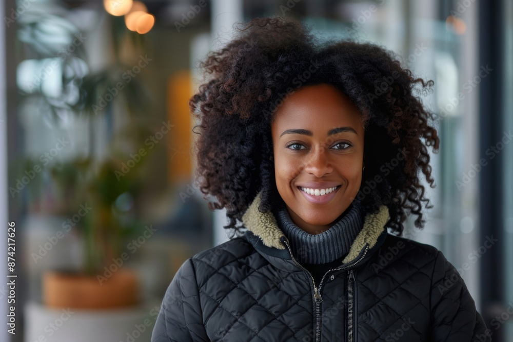 Portrait of a content afro-american woman in her 30s sporting a quilted insulated jacket in sophisticated corporate office background Portrait of a content afro-american woman in her 30s sporting a quilted insulated jacket in sophisticated corporate office background