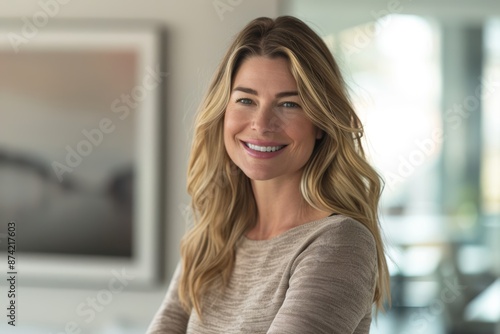 Free Download Portrait of a happy woman in her 30s sporting a long-sleeved thermal undershirt isolated on sophisticated corporate office background - GFXLoad