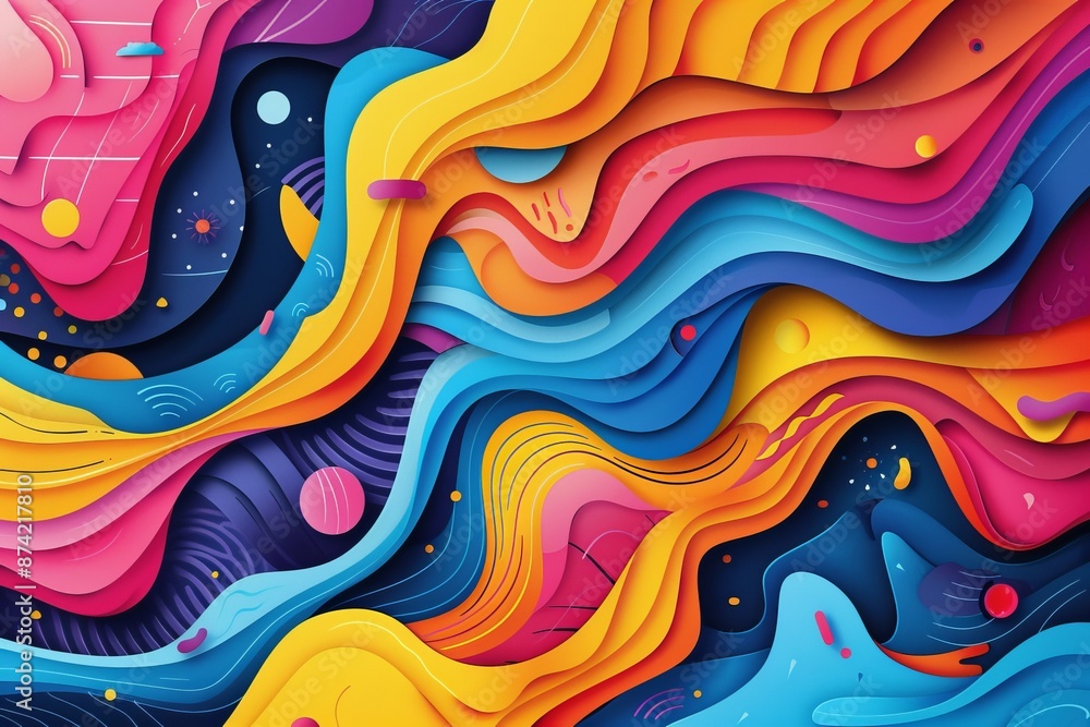 Abstract fluid shapes, flat design, top view, surreal theme, cartoon drawing, Triadic Color Scheme. Abstract fluid shapes, flat design, top view, surreal theme, cartoon drawing, Triadic Color Scheme.