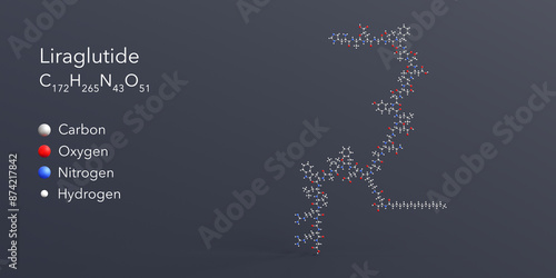 liraglutide molecule 3d rendering, flat molecular structure with chemical formula and atoms color coding photo