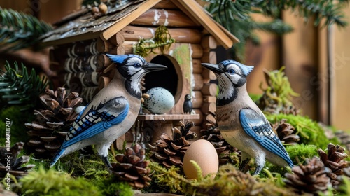 Two intricately detailed toy blue jays and a real egg placed in front of a charming birdhouse, nestled among pine cones and green moss.