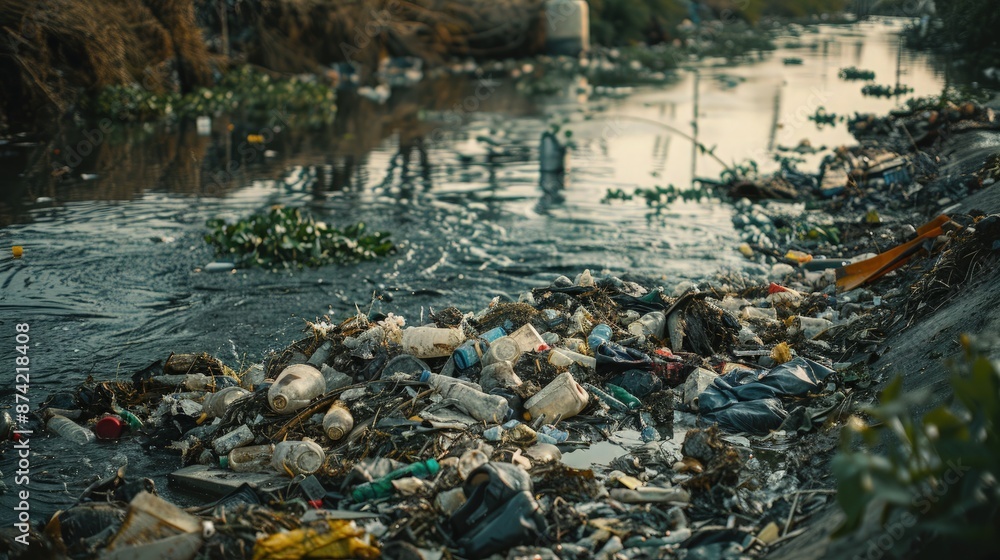 Water pollution effects Dirty garbage in canal. Water pollution effects Dirty garbage in canal.