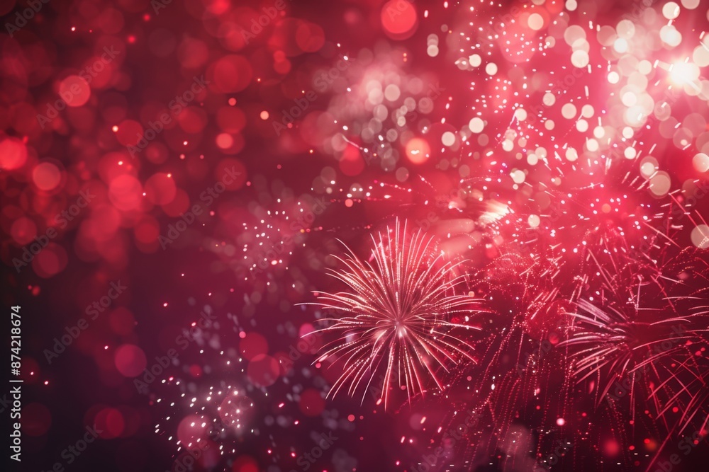 Obraz premium Vibrant Festivities: Celebrating the New Year with Red Fireworks and Scenic Delights. Captivating Joy and Festive Atmosphere