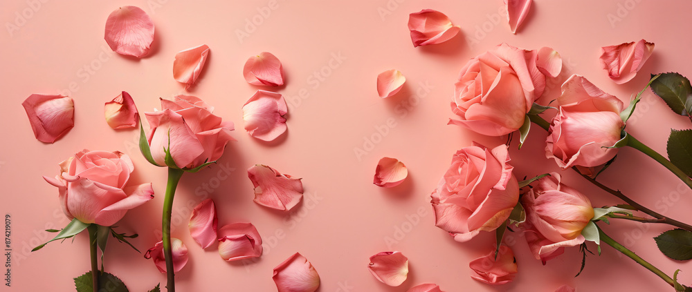 Photo of Pink roses and petals on pink background, flat lay with copy space for text. Valentine's Day concept
Photo of Pink roses and petals on pink background, flat lay with copy space for text. Valentine's Day concept