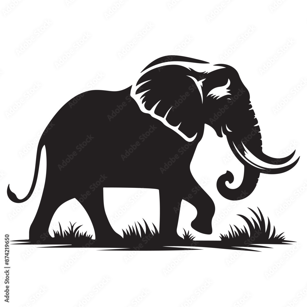 Obraz premium a black silhouette of an elephant walking in the savannah grass