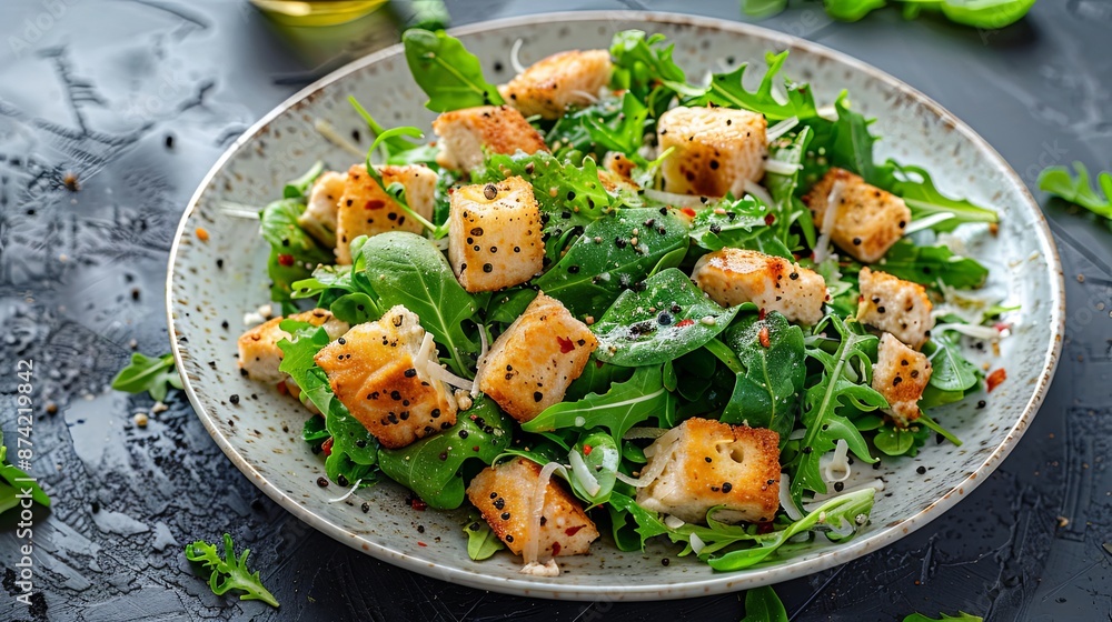Top view of a freshly prepared Caesar salad on a white plate Top view of a freshly prepared Caesar salad on a white plate