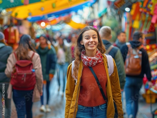 Woman Enjoying a Colorful Market During Her Travels - AI Generative © Surachet