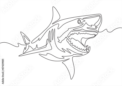 Single one line drawing sharks fish. Shark animals, scary jaws and ocean swimming angry sharks. Marine predator fish or sea sharks creatures character. Continuous line draw design graphic vector