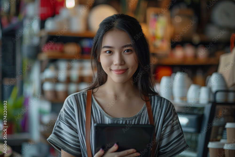 Woman standing with tablet in coffee shop restaurant. Startup small business Woman standing with tablet in coffee shop restaurant. Startup small business