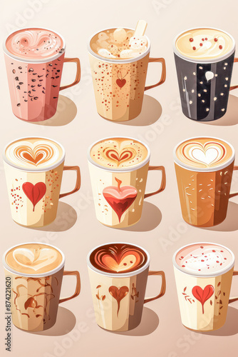 Colorful heart-themed coffee cups illustration