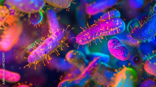 A close-up view of various bacteria, illuminated in vibrant colors, captured under a microscope. photo
