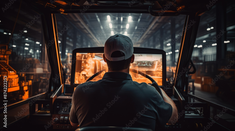 A worker in an orange vest operates a vehicle inside a warehouse filled with industrial equipment. A worker in an orange vest operates a vehicle inside a warehouse filled with industrial equipment.