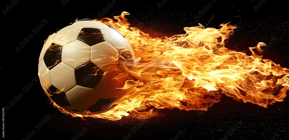 Fototapeta premium A black and white ball is burning with fire on a black background