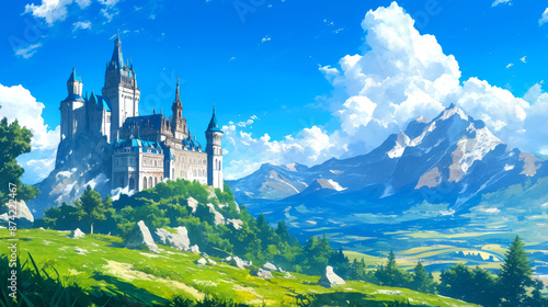 Wallpaper Mural wide landscape of castle and green field with wide blue sky on sunny day Torontodigital.ca