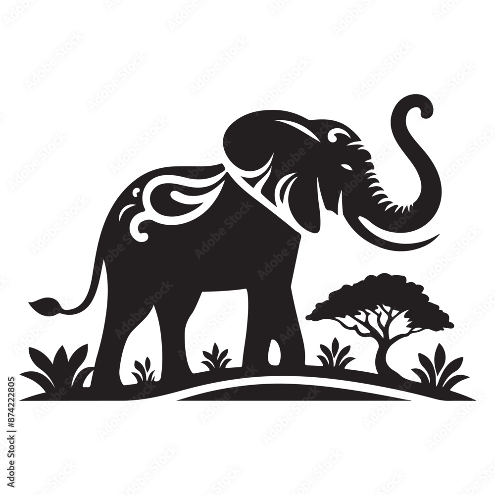 Obraz premium a black silhouette of an elephant standing on a hill with trees and plants