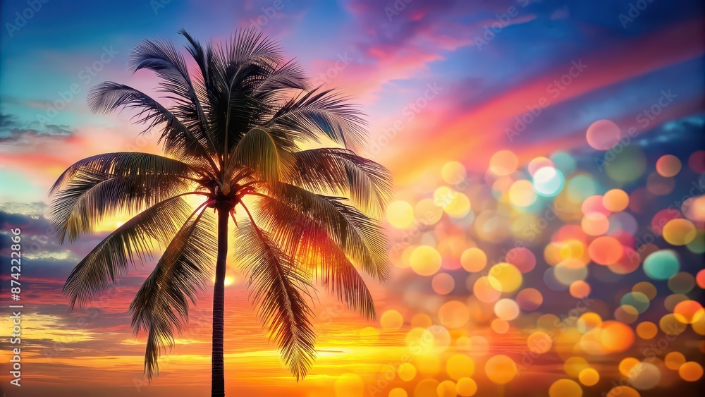 Fototapeta premium Tropical palm tree with colorful bokeh sun light on sunset sky cloud abstract background, tropical, palm tree, colorful, bokeh