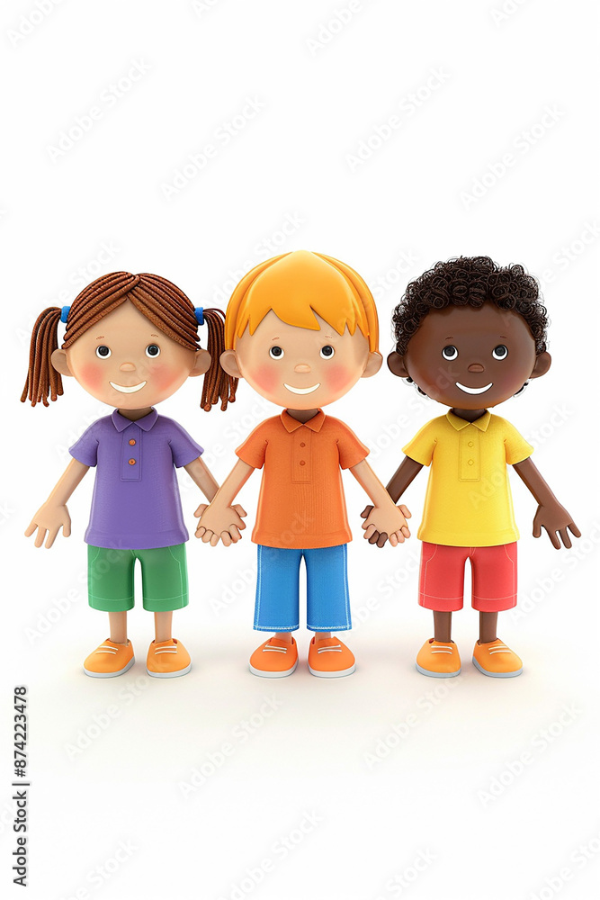 Group of 3D animated children holding hands, white backdrop, smiling faces Group of 3D animated children holding hands, white backdrop, smiling faces