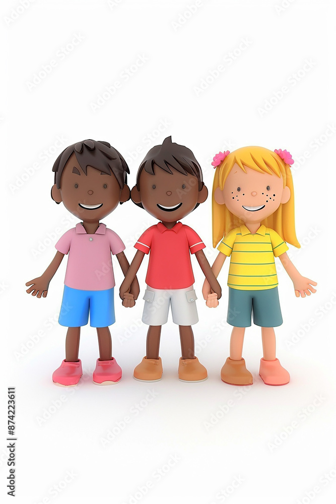 Diverse 3D children holding hands, happy faces, isolated on white background Diverse 3D children holding hands, happy faces, isolated on white background
