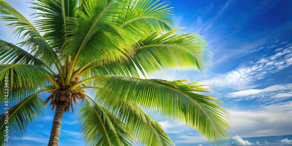 Tropical palm tree with lush green fronds swaying in the breeze, tropical, exotic, nature, palm leaves, sunny, summer Tropical palm tree with lush green fronds swaying in the breeze, tropical, exotic, nature, palm leaves, sunny, summer