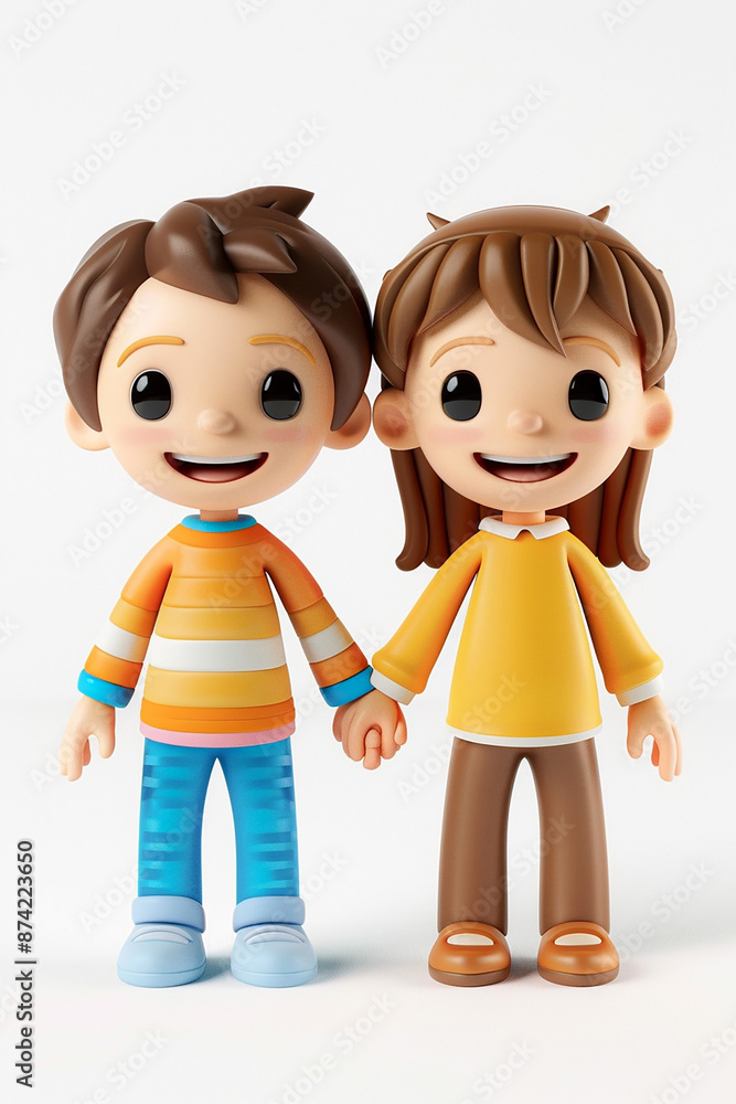 3D cartoon kids holding hands, cheerful expressions, simple white backdrop 3D cartoon kids holding hands, cheerful expressions, simple white backdrop