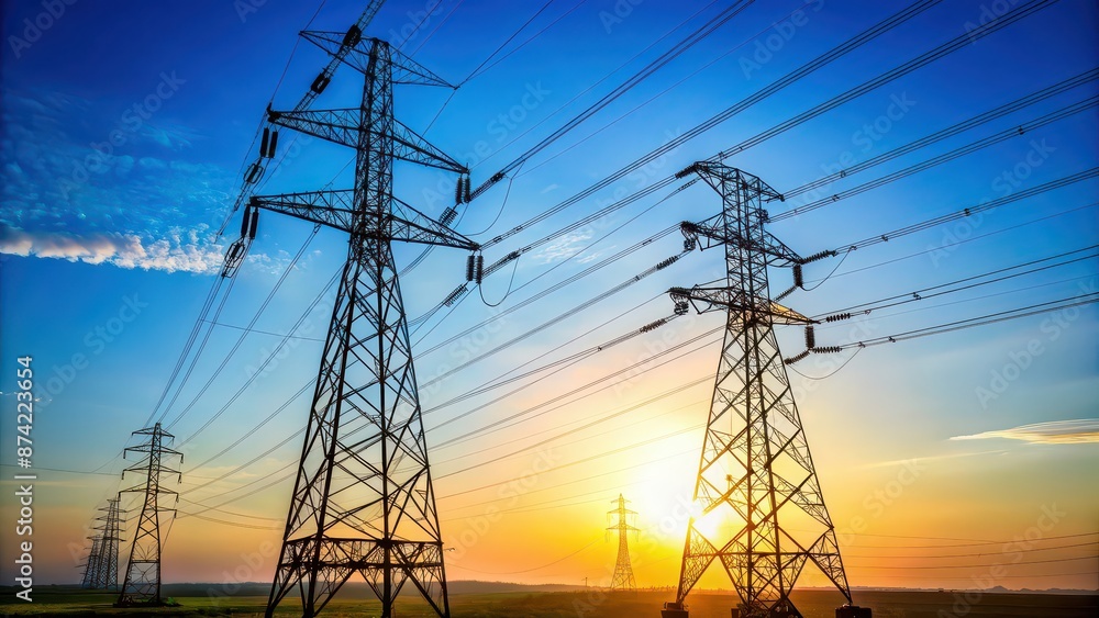 Two tall electricity pylons standing against a clear sky, energy, power, lines, technology, structure, metal Two tall electricity pylons standing against a clear sky, energy, power, lines, technology, structure, metal