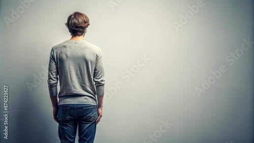 Unprotected back view of a person standing, vulnerable, exposed, defenseless, alone, unguarded photo