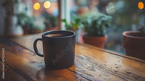 A Full Cup of Coffee on a Wooden Table by a Window